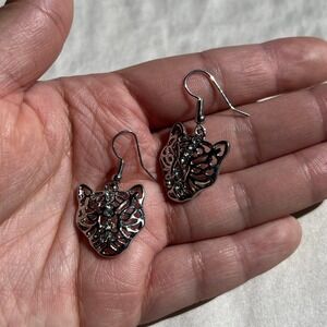 Silver Panther Head Rhinestone Dangle Filigree Statement Earrings OS Glam Chic